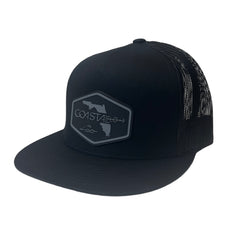 1 Flat Bill- Black/Black - Trucker Hat with Gunmetal PVC rubber patch