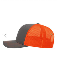 1 Charcoal/Hunter Orange - Trucker Hat with Gunmetal PVC rubber patch