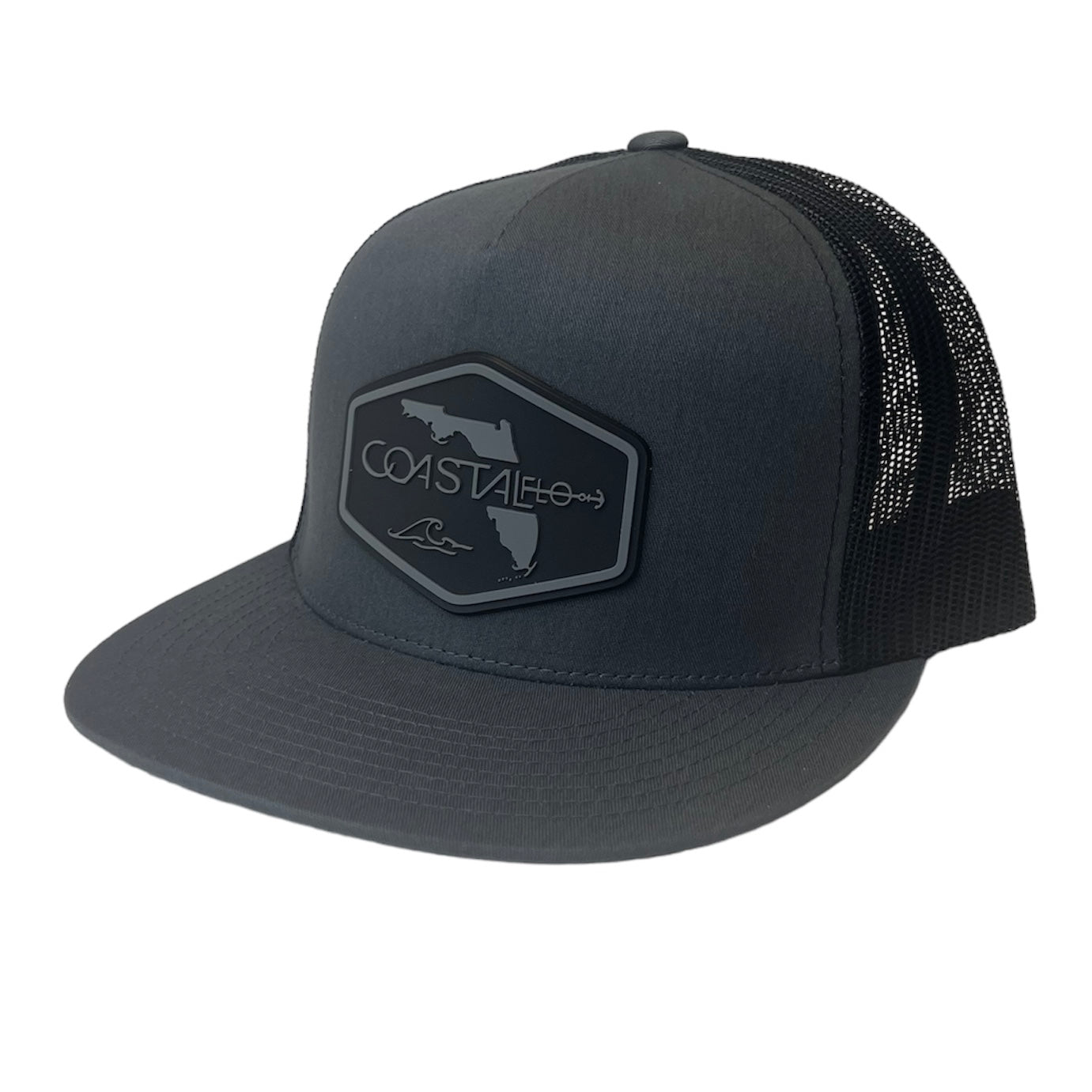 1 Flat Bill- Charcoal/Black - Trucker Hat with Gunmetal PVC rubber patch