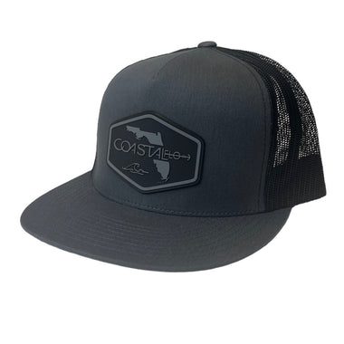 1 Flat Bill- Charcoal/Black - Trucker Hat with Gunmetal PVC rubber patch