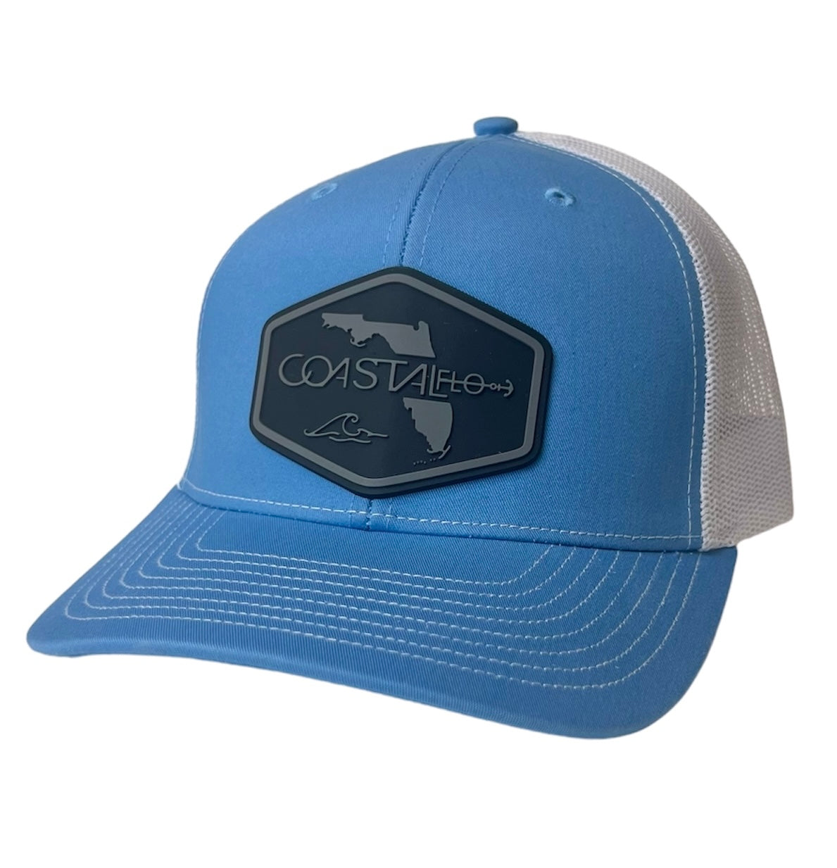 3 Columbia Blue/White - Trucker Hat with Gunmetal PVC rubber patch