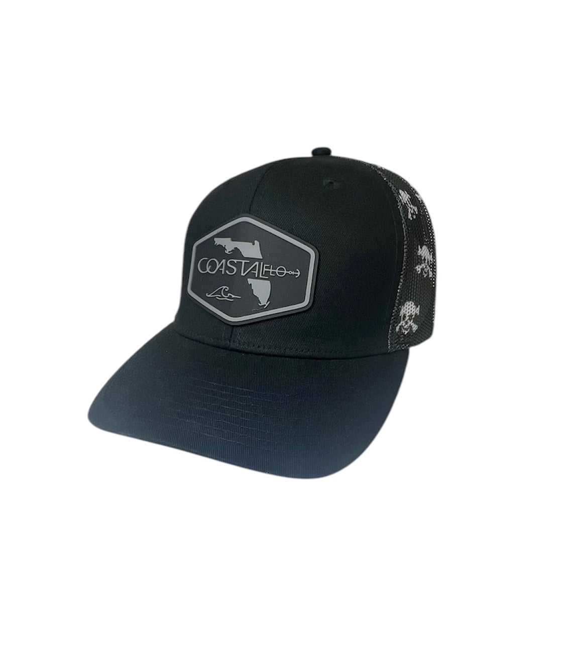 1 Black/Skull on Black -Trucker Hat with Gunmetal PVC rubber patch