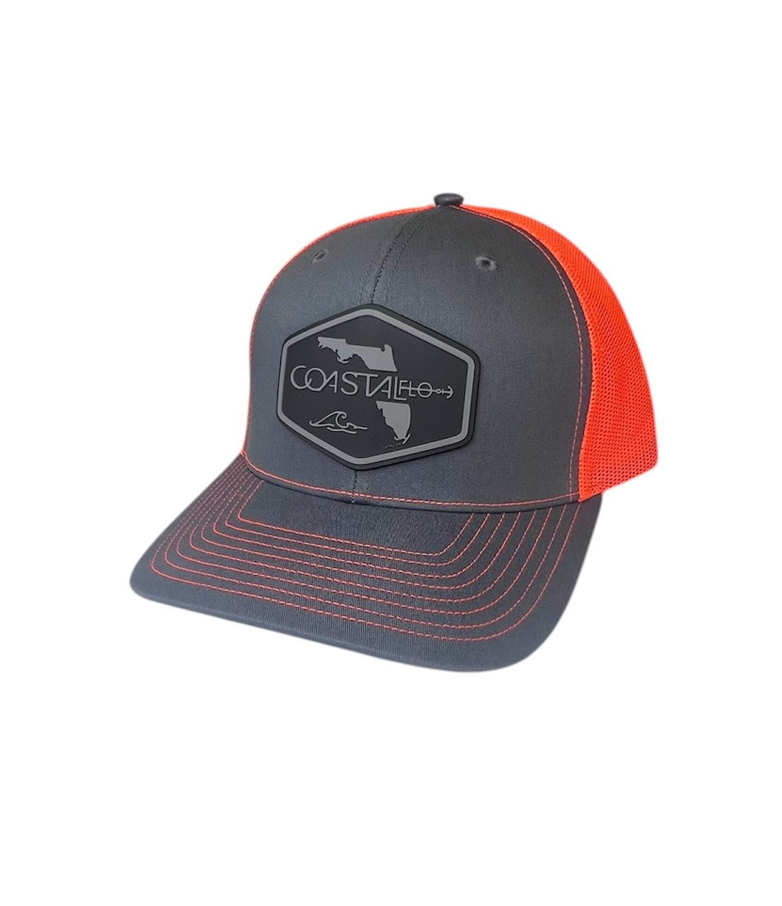 1 Charcoal/Hunter Orange - Trucker Hat with Gunmetal PVC rubber patch