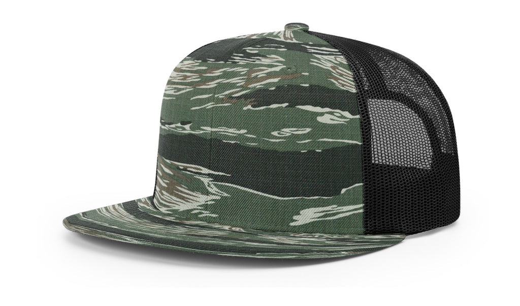 1 Tiger Camo / Black Flat Bill - Trucker Hat with Gunmetal PVC rubber patch