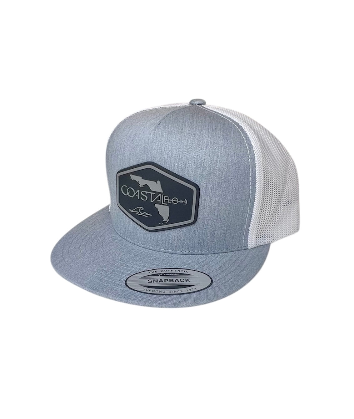1 Flat Bill- Heather/White - Trucker Hat with Gunmetal PVC rubber patch