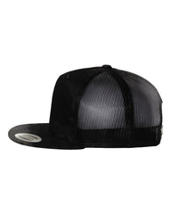 1 Flat Bill- Black/Black - Trucker Hat with Gunmetal PVC rubber patch
