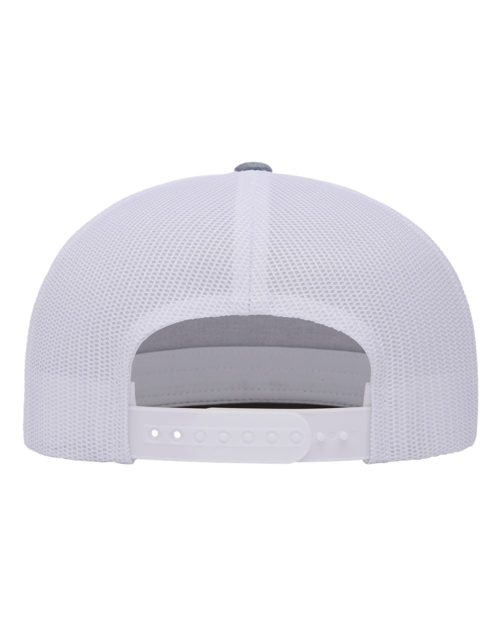 1 Flat Bill- Heather/White - Trucker Hat with Gunmetal PVC rubber patch