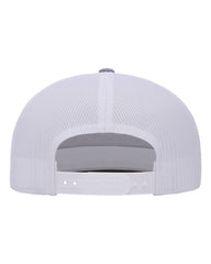 1 Flat Bill- Heather/White - Trucker Hat with Gunmetal PVC rubber patch