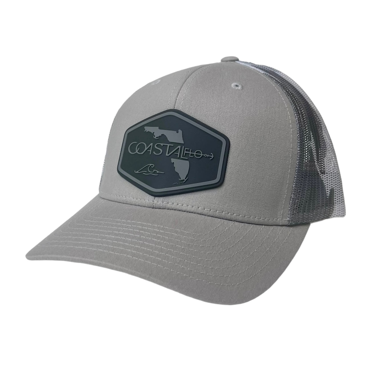 1 Grey/Grey Camo - Trucker Hat with Gunmetal PVC rubber patch