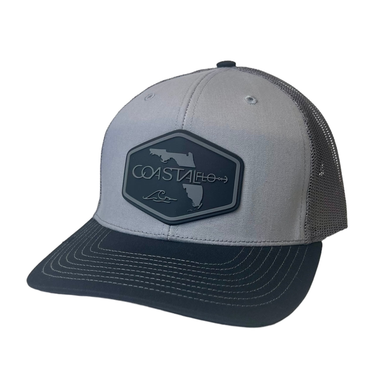 3 Tri Grey/Charcoal/Black - Trucker Hat with Gunmetal PVC rubber patch