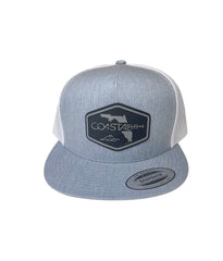 1 Flat Bill- Heather/White - Trucker Hat with Gunmetal PVC rubber patch