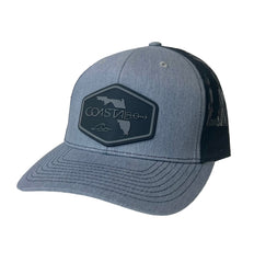 1 Heather Grey/Black - Trucker Hat with Gunmetal PVC rubber patch