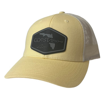 1 Pale Banana/Birch - Low Profile - Trucker Hat with Gunmetal PVC rubber patch