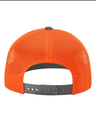 1 Charcoal/Hunter Orange - Trucker Hat with Gunmetal PVC rubber patch