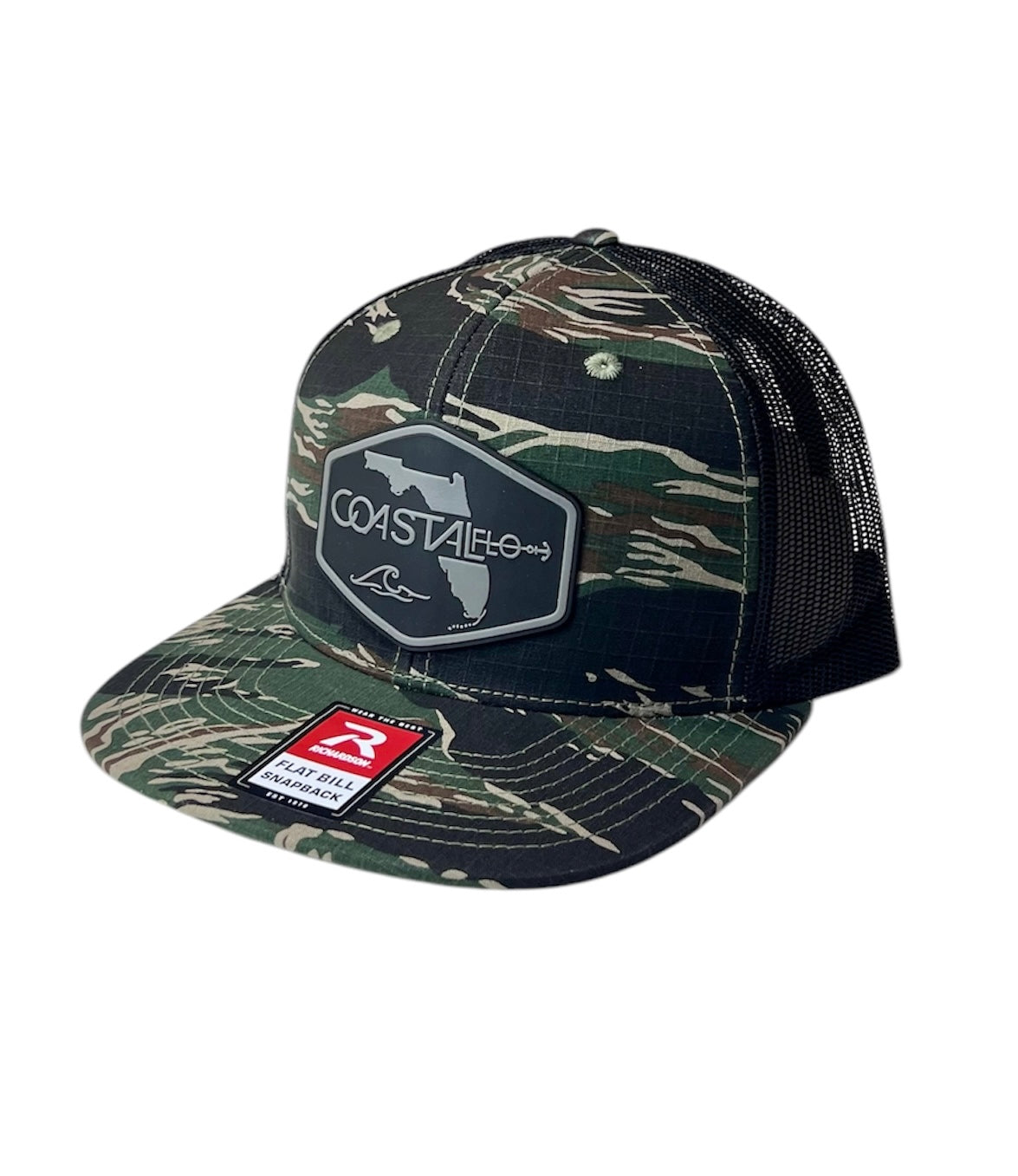 1 Tiger Camo / Black Flat Bill - Trucker Hat with Gunmetal PVC rubber patch