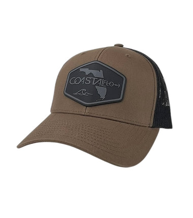 Coyote Brown / Black Trucker Hat with Gunmetal PVC rubber patch