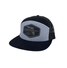 1 Heather Grey / Black / Black Flat Bill - Trucker Hat with Gunmetal PVC rubber patch
