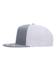 1 Flat Bill- Heather/White - Trucker Hat with Gunmetal PVC rubber patch