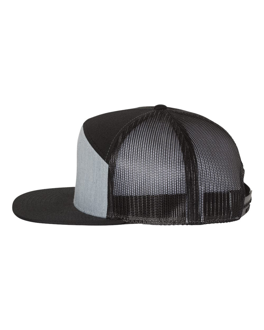 1 Heather Grey / Black / Black Flat Bill - Trucker Hat with Gunmetal PVC rubber patch