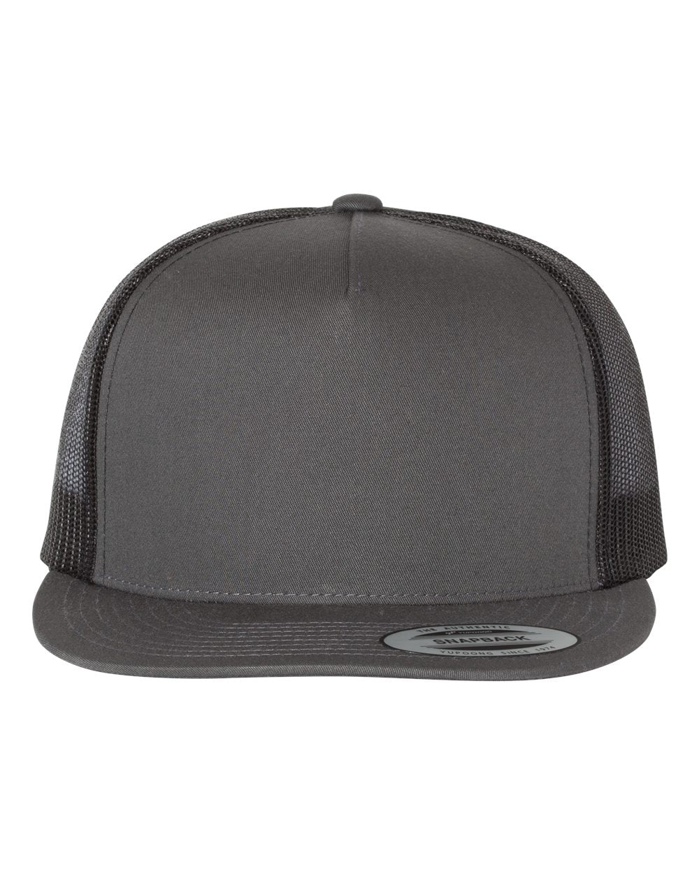 1 Flat Bill- Charcoal/Black - Trucker Hat with Gunmetal PVC rubber patch