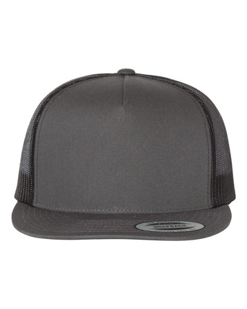 1 Flat Bill- Charcoal/Black - Trucker Hat with Gunmetal PVC rubber patch